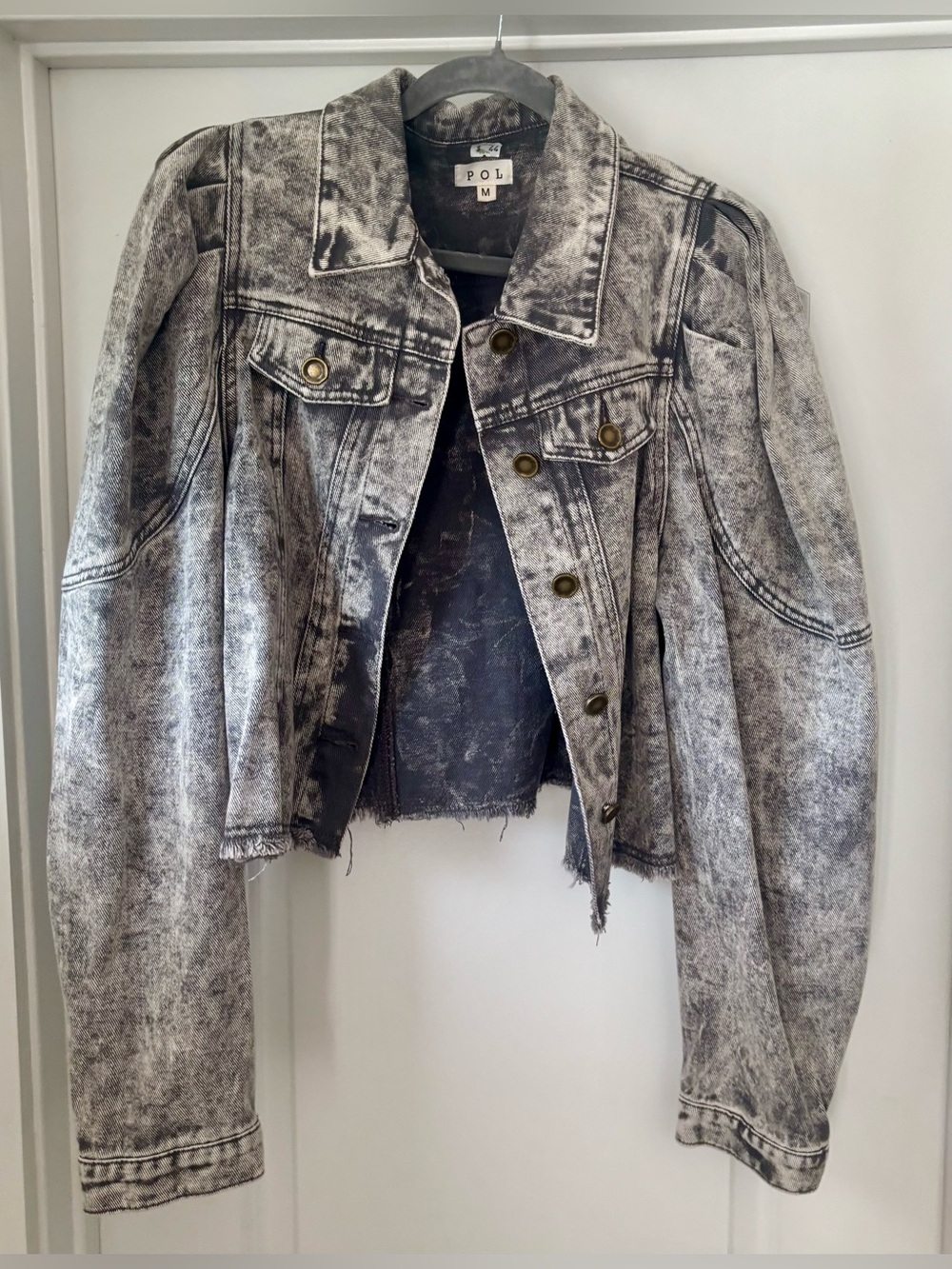POL Gray Acid-Wash Cropped Denim Jacket with Puff Shoulders